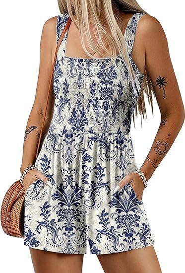💃Women's Summer Square Neck Sleeveless Loose Casual Short Smocked Romper✨