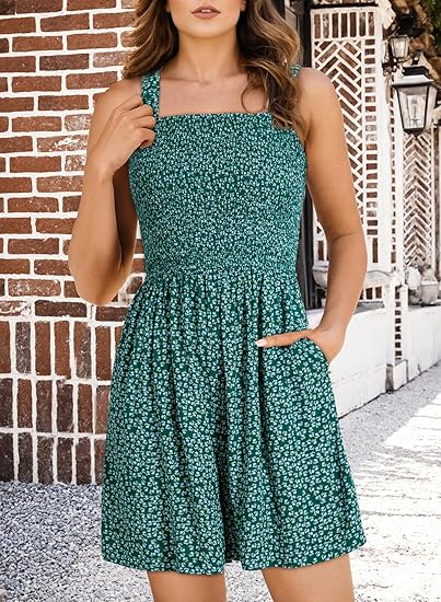 💃Women's Summer Square Neck Sleeveless Loose Casual Short Smocked Romper✨