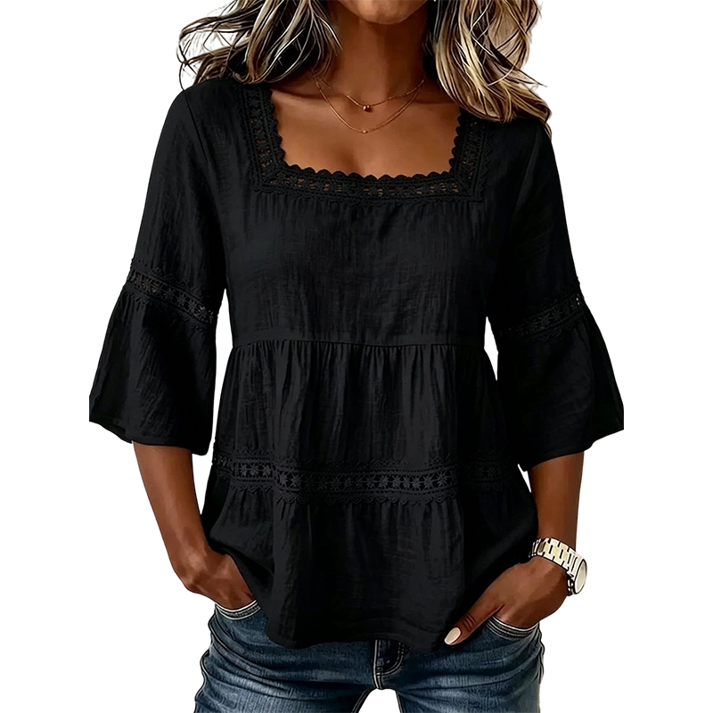 đ¸ Elegant Square Neck Summer Blouse â Boho Lace, Bell Sleeves, Tiered Flow â¨