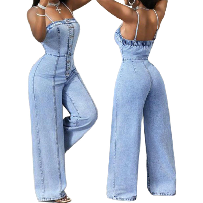 💞 Women Spaghetti Strap Wide Leg Denim Jumpsuit👖