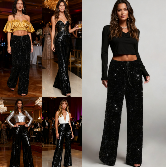 👖✨Women's Sequin Sparkle Wide Leg Pants with Elastic Waistband✨