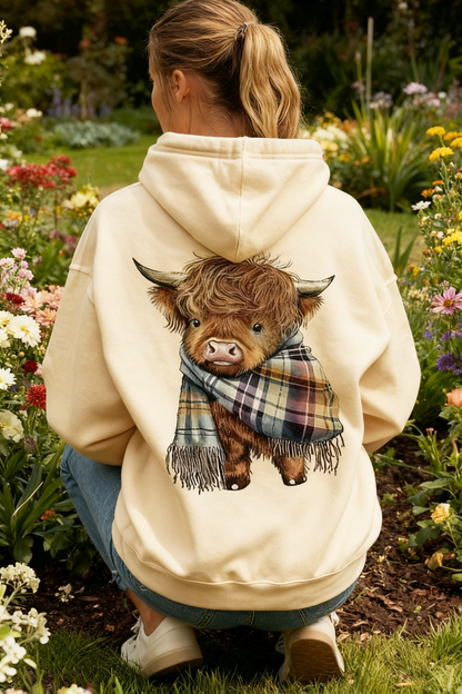 Cute Highland Cow Cozy Fleece-Lined Hooded Sweatshirt