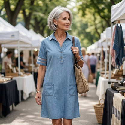 Blue Plain Collared Denim MIni Dress