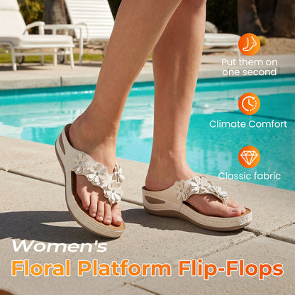 🌸 Women's Floral Wedge Thong Sandals – Floral Accents, Cushioned Arch Support & Non-Slip Outsole ✨