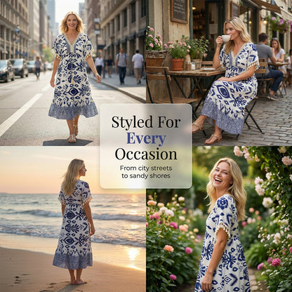 🌼Printed Casual Dress With V-Neckline and Fringes on the Short Sleeves