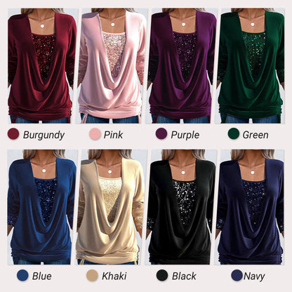 ✨👗Sequin Loose Smocked Fake Two-Piece Top Stylish and Versatile, Comfortable and Shapely, Exudes Elegant Feminine Charm!
