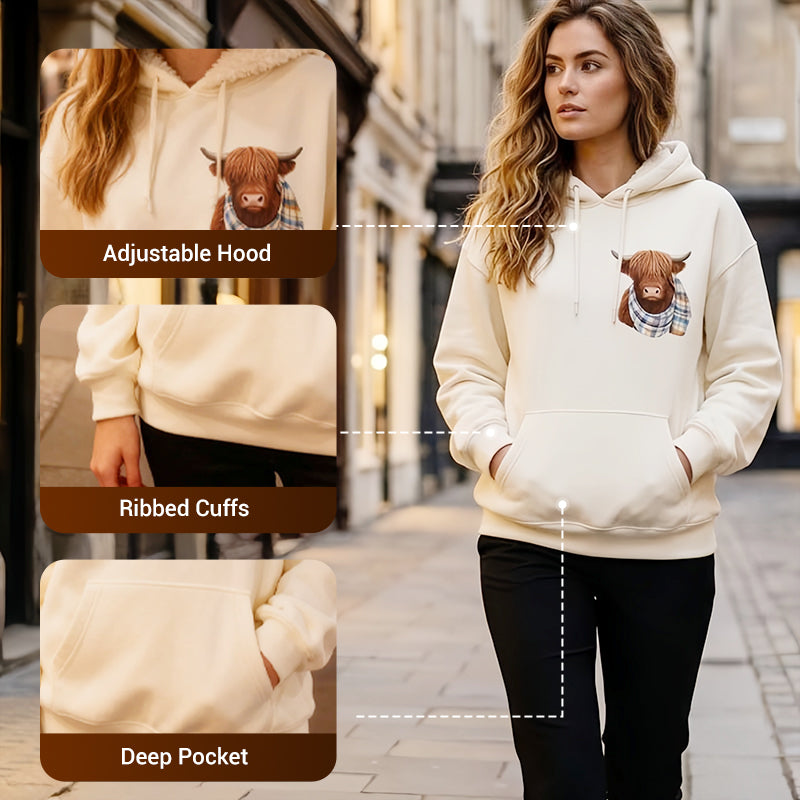 Cute Highland Cow Cozy Fleece-Lined Hooded Sweatshirt