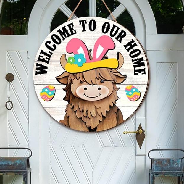 🐇 Easter Sale💥Highland Cow Sign Interchangeable Welcome Sign with Magnet Detachable Hats Cute Cattle Hanging