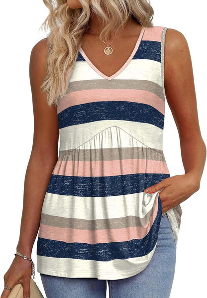 💜Women's Print Flowy Sleeveless V Neck Peplum Tank Tops
