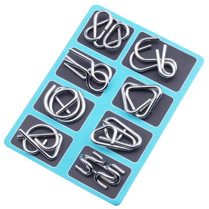 Metal Puzzle Ring Set (8-Piece) Blue Edition Brain Teaser Game