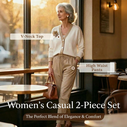 Women’s Casual V-Neck Top & High Waist Pants 2-Piece Set