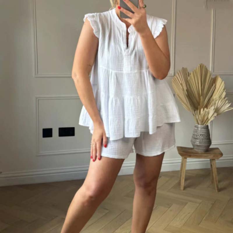 😍Best Sellers😍Women's Cheesecloth Ruffle Shorts & Top Set