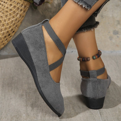 🔥Hot Sale🔥Elegant Solid Color Elastic Strap Low Wedge Shoes