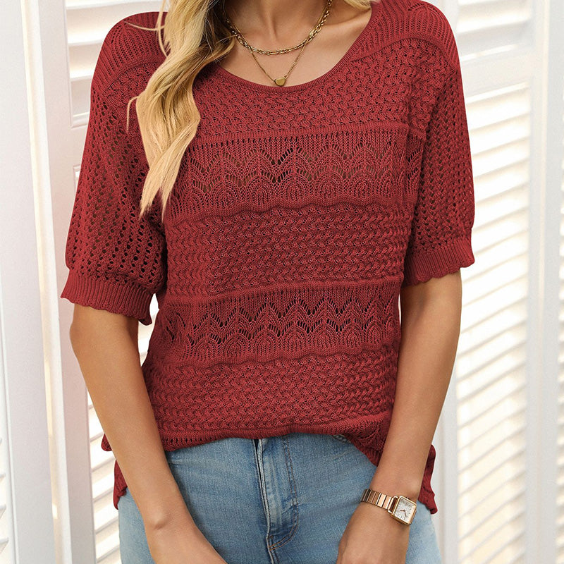 Women's Round Neck Hollow Knit Crochet Short Sleeve Sweater