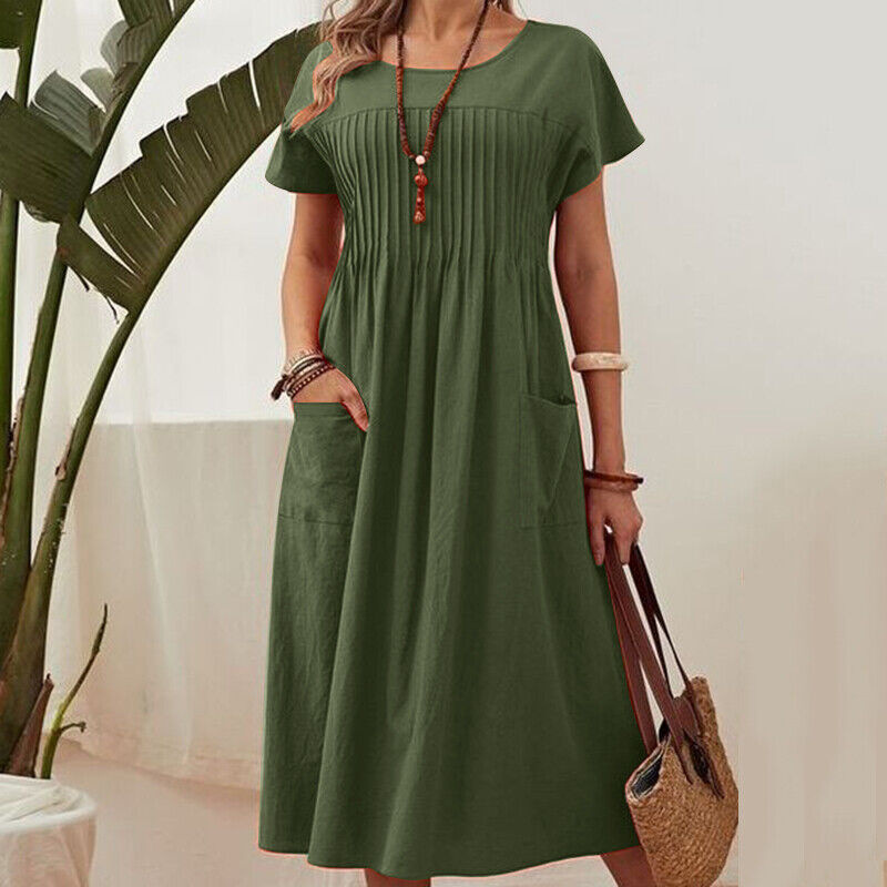 👗 Women’s Pleated Short-Sleeve Dress with Pockets – Soft Cotton-Linen Blend ☀️👜