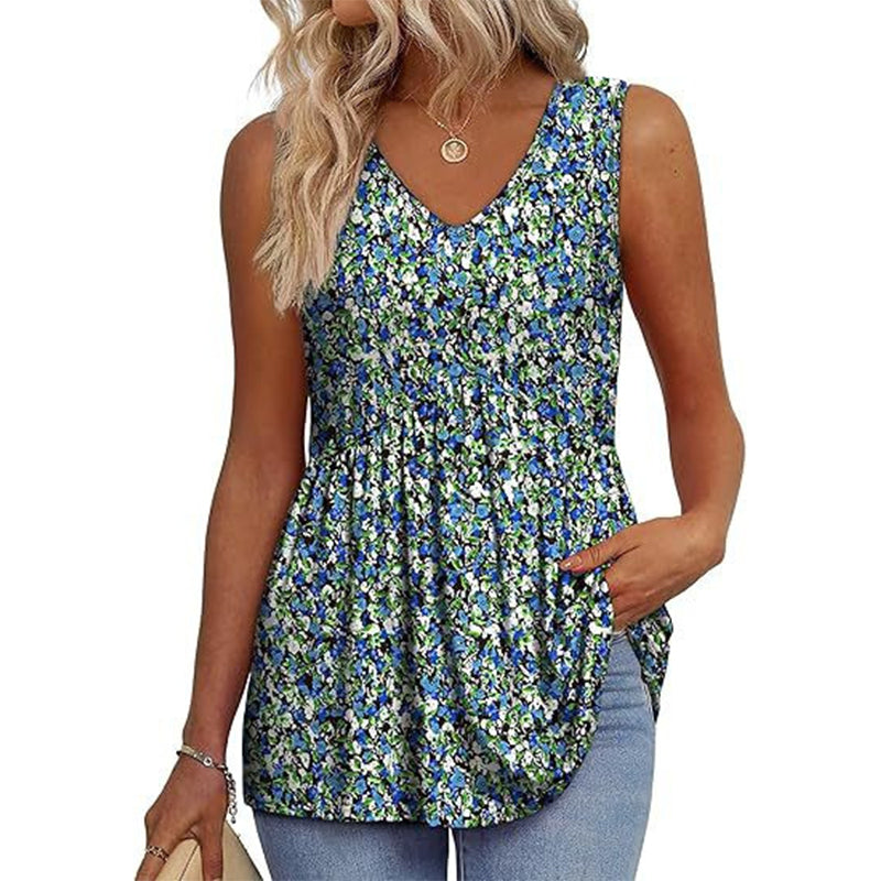 💜Women's Print Flowy Sleeveless V Neck Peplum Tank Tops