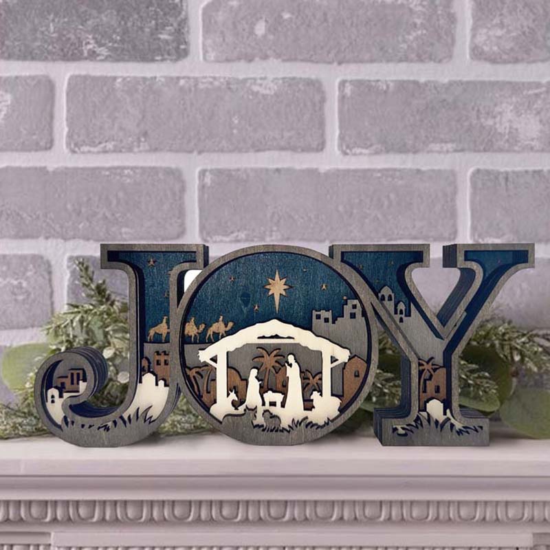 Wooden JOY Nativity Scene Christmas Ornament