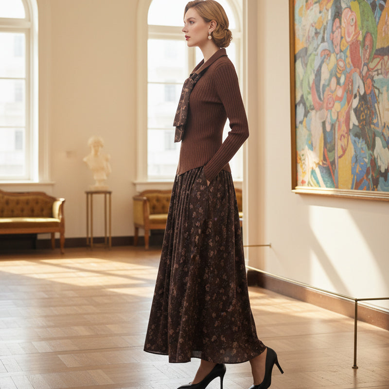 💥Ribbed Knit Top & Floral Maxi Skirt Set