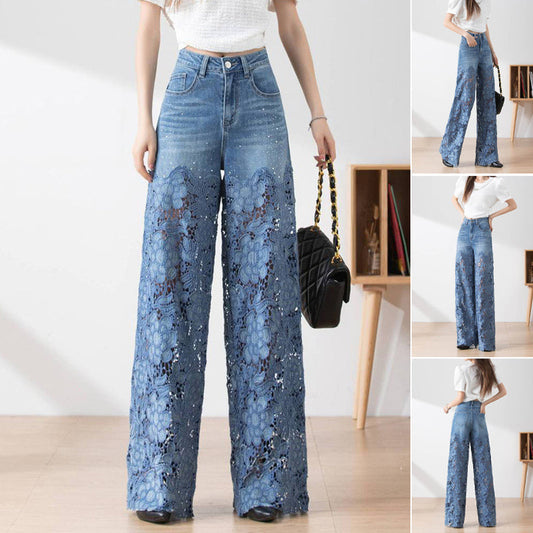Women's High-Waisted Blue Denim Wide-Leg Pants with Cut-Out Lace Panels