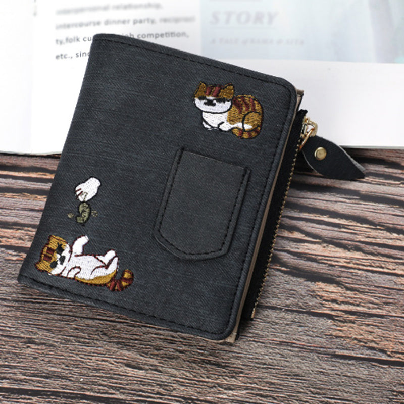 Women's Bi-Fold Wallet with Cat Embroidery