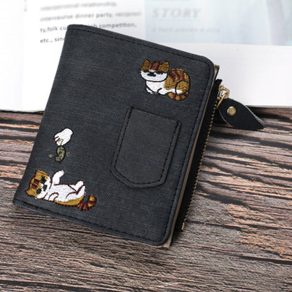 Women's Bi-Fold Wallet with Cat Embroidery