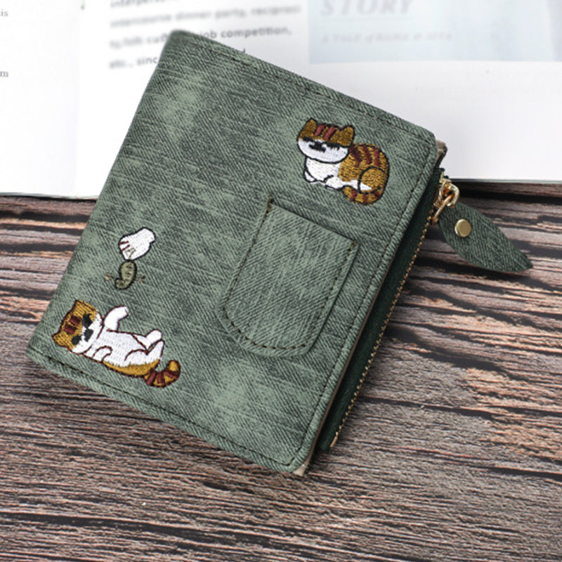 Women's Bi-Fold Wallet with Cat Embroidery