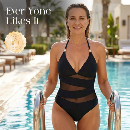 Halter Neck One-Piece Swimsuit with Mesh Panels