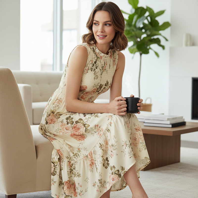👗Women’s Sleeveless Floral Print Casual Dress – Smocked Bodice, Tiered Skirt, Midi Length ✨