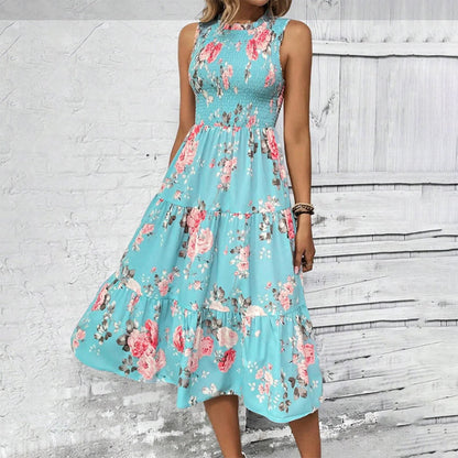 👗Women’s Sleeveless Floral Print Casual Dress – Smocked Bodice, Tiered Skirt, Midi Length ✨