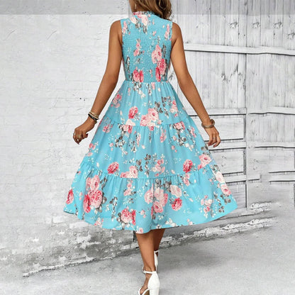👗Women’s Sleeveless Floral Print Casual Dress – Smocked Bodice, Tiered Skirt, Midi Length ✨
