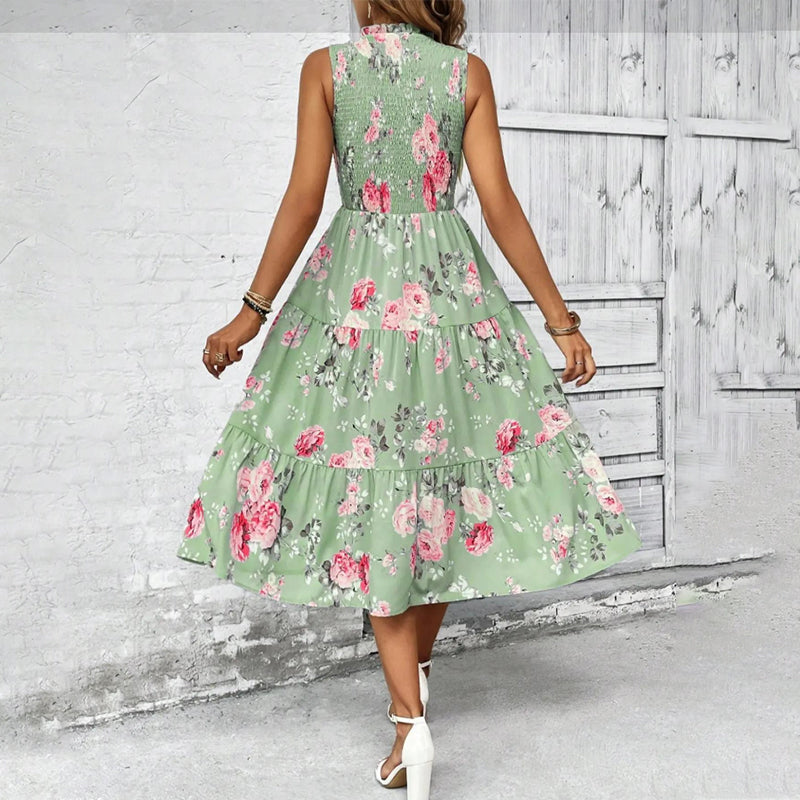 👗Women’s Sleeveless Floral Print Casual Dress – Smocked Bodice, Tiered Skirt, Midi Length ✨