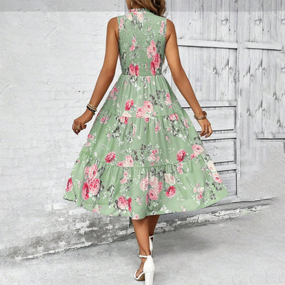 👗Women’s Sleeveless Floral Print Casual Dress – Smocked Bodice, Tiered Skirt, Midi Length ✨
