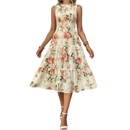 👗Women’s Sleeveless Floral Print Casual Dress – Smocked Bodice, Tiered Skirt, Midi Length ✨