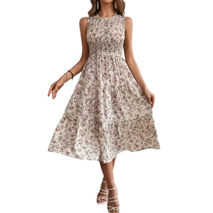 👗Women’s Sleeveless Floral Print Casual Dress – Smocked Bodice, Tiered Skirt, Midi Length ✨