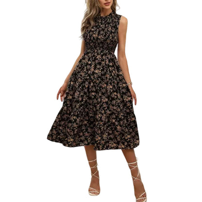 👗Women’s Sleeveless Floral Print Casual Dress – Smocked Bodice, Tiered Skirt, Midi Length ✨