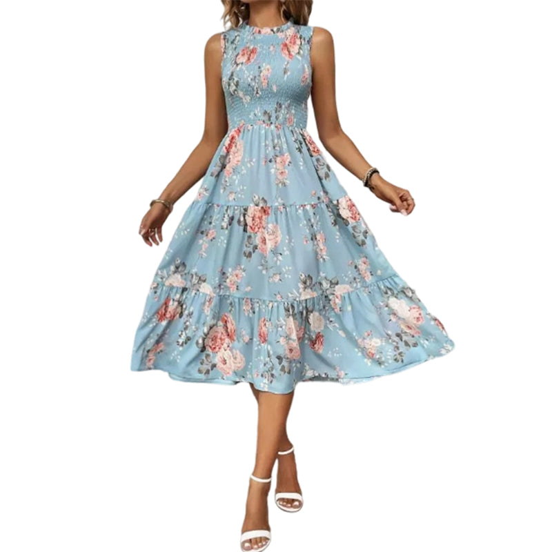 👗Women’s Sleeveless Floral Print Casual Dress – Smocked Bodice, Tiered Skirt, Midi Length ✨
