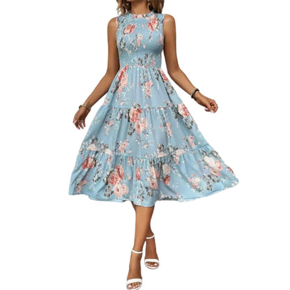 👗Women’s Sleeveless Floral Print Casual Dress – Smocked Bodice, Tiered Skirt, Midi Length ✨