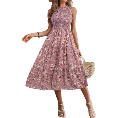 👗Women’s Sleeveless Floral Print Casual Dress – Smocked Bodice, Tiered Skirt, Midi Length ✨