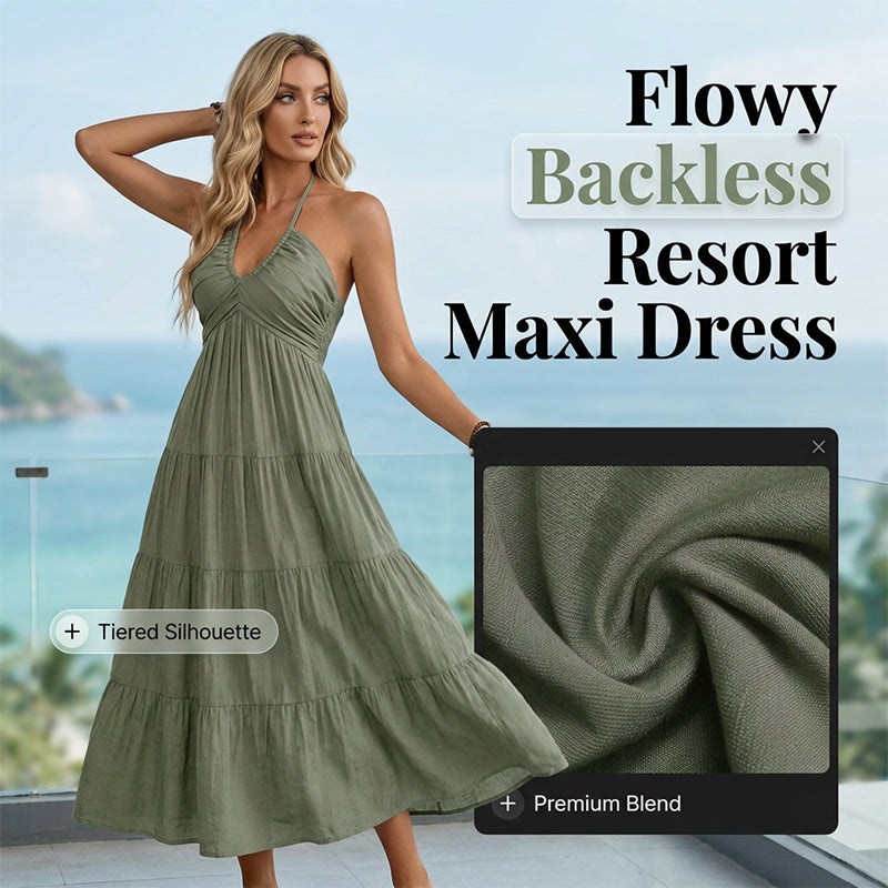 💛Women's Halter Neck Backless Tiered Maxi Dress🌊