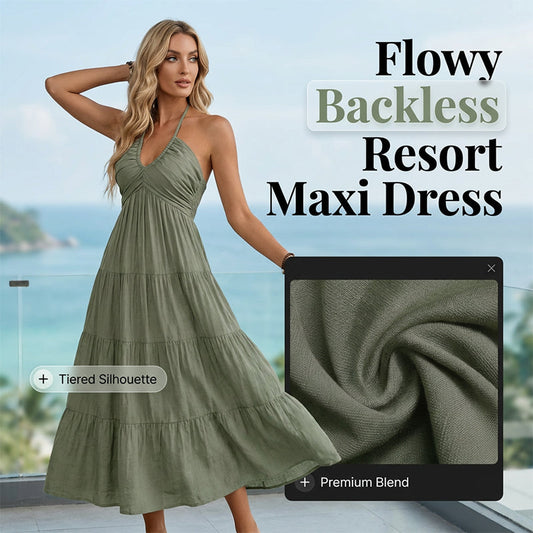 💛Women's Halter Neck Backless Tiered Maxi Dress🌊