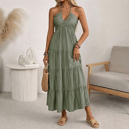 💛Women's Halter Neck Backless Tiered Maxi Dress🌊