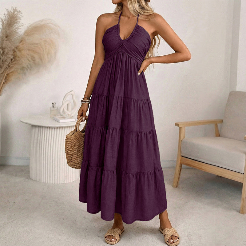 💛Women's Halter Neck Backless Tiered Maxi Dress🌊
