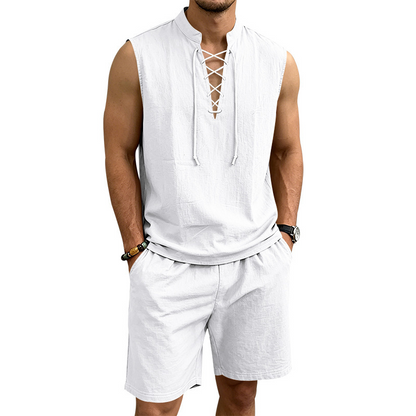 🧵 LIMITED-TIME ✨ Men's Linen Sleeveless Set – Top & Shorts, Lace-Up, 7 Colors ☀️