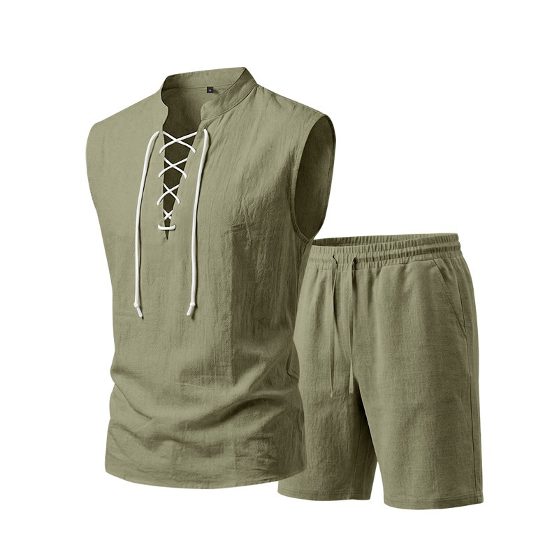 🧵 LIMITED-TIME ✨ Men's Linen Sleeveless Set – Top & Shorts, Lace-Up, 7 Colors ☀️