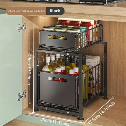 💪🥫Double-Tier Pull-Out Shelf Cabinet Organiser – 5 Height Adjustments, 2 Pull-Out Tiers, Carbon Steel & Large Capacity – No Assembly Required ✨