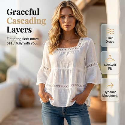 🌸 Elegant Square Neck Summer Blouse – Boho Lace, Bell Sleeves, Tiered Flow ✨