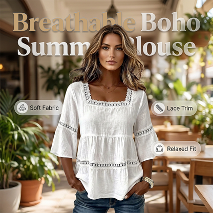 🌸 Elegant Square Neck Summer Blouse – Boho Lace, Bell Sleeves, Tiered Flow ✨