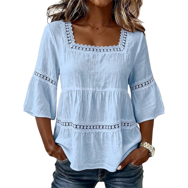 🌸 Elegant Square Neck Summer Blouse – Boho Lace, Bell Sleeves, Tiered Flow ✨