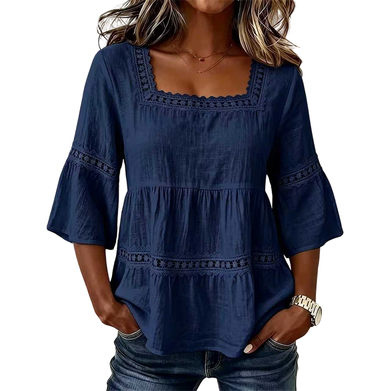 🌸 Elegant Square Neck Summer Blouse – Boho Lace, Bell Sleeves, Tiered Flow ✨