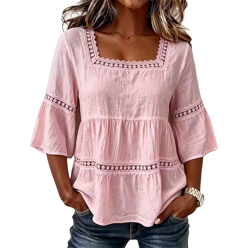 🌸 Elegant Square Neck Summer Blouse – Boho Lace, Bell Sleeves, Tiered Flow ✨